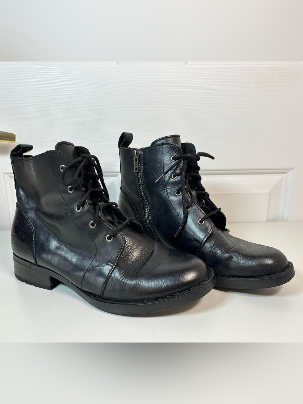 Børn Troye Leather Lace-Up Zip Combat Boots Black 7.5 M F06203